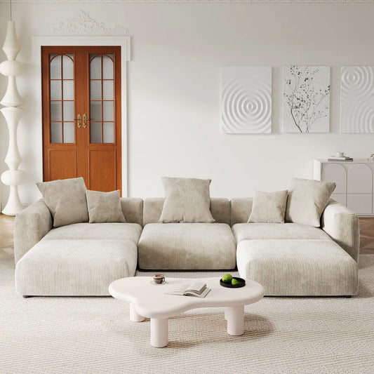 141.73" U-shape Corduroy Modular Sofa, Large Size Comfy Sectional Couch Sofa with 5 Pillows