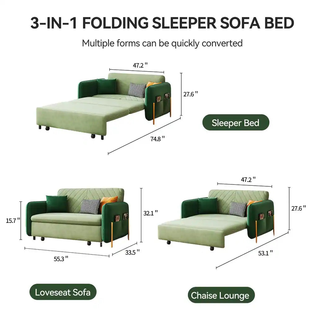 53.5" Full Sleeper Sofa Upholstered Convertible Sofa Bed 3-in-1 Sleeper Sofa Couch, Small Tufted Velvet