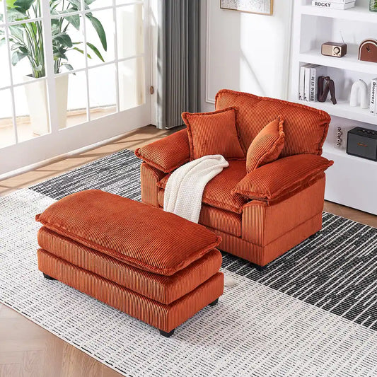 56.3 Inch Corduroy Single Deep Seat Sofa Chair With 2 Toss Pillows and a Ottoman