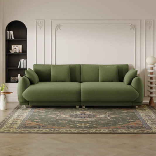 86.6-inch teddy wool green sofa with four throw pillows and hardware feet