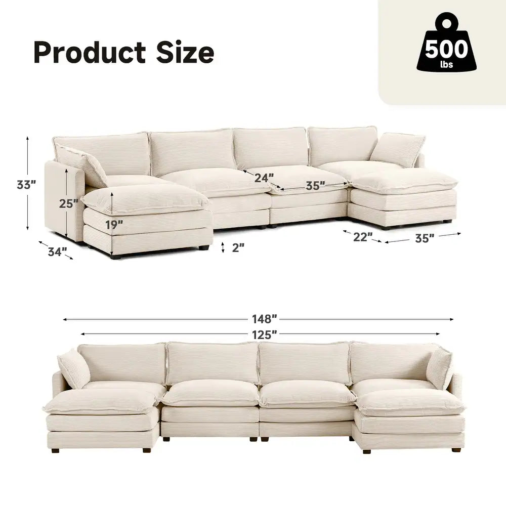 Corduroy Sectional Sofa with Removable Ottomans and Ultra-soft Cushions for Living Room & Bedroom