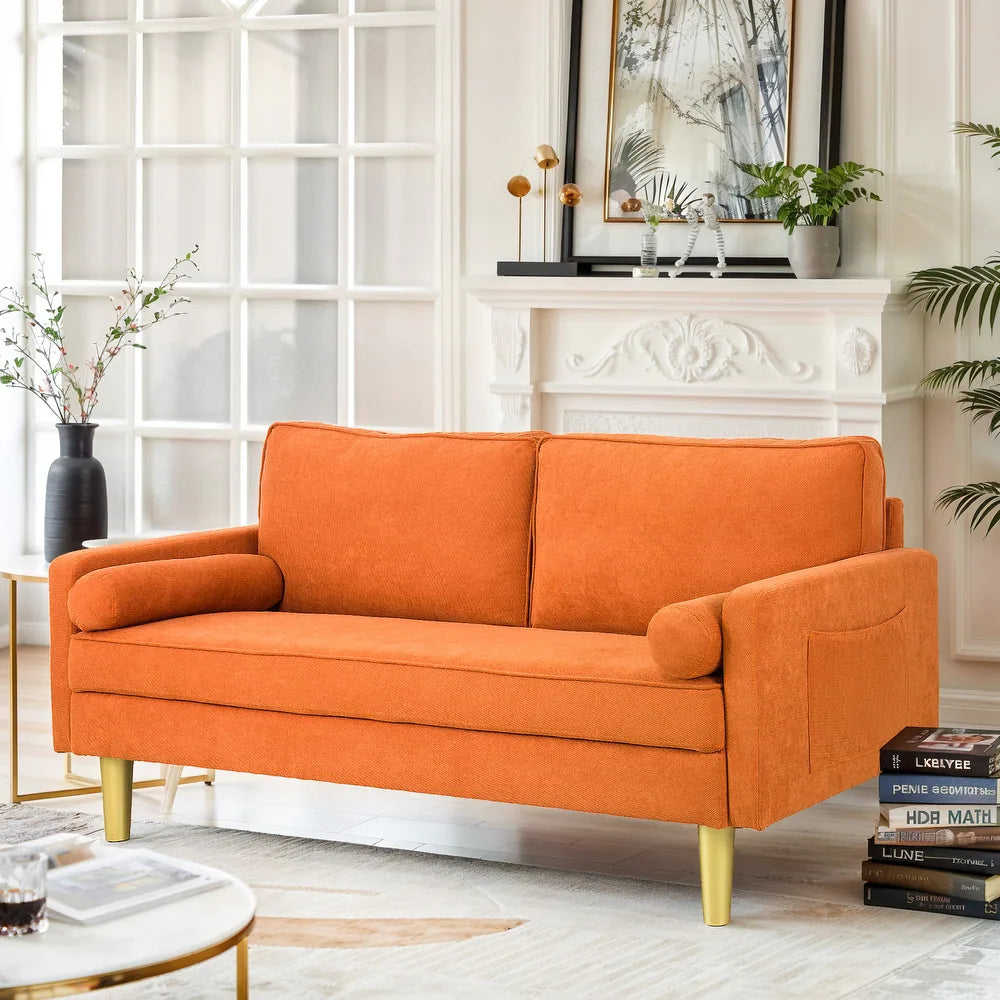 Exquisite 65 in. Orange Polyester 2-Seater Loveseat with Side Pockets and Round Pillows