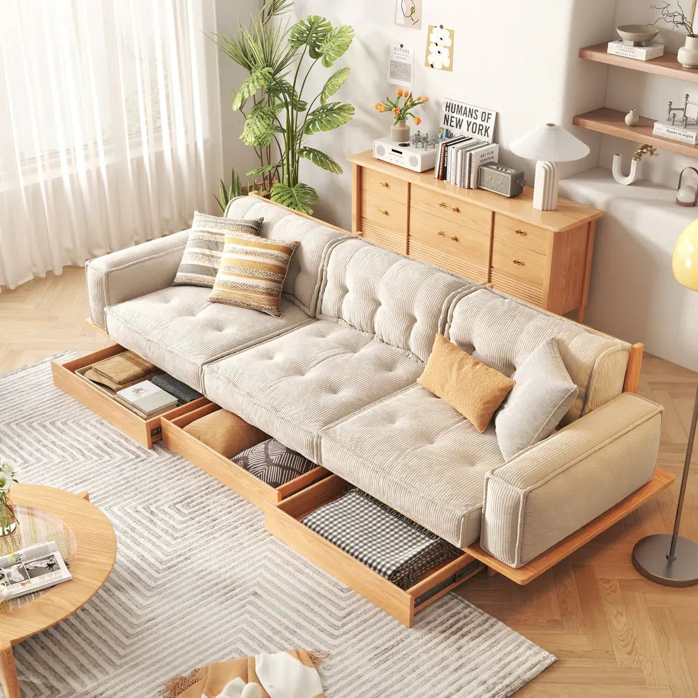 JASIWAY Corduroy Beige Sofa With Wood Frame