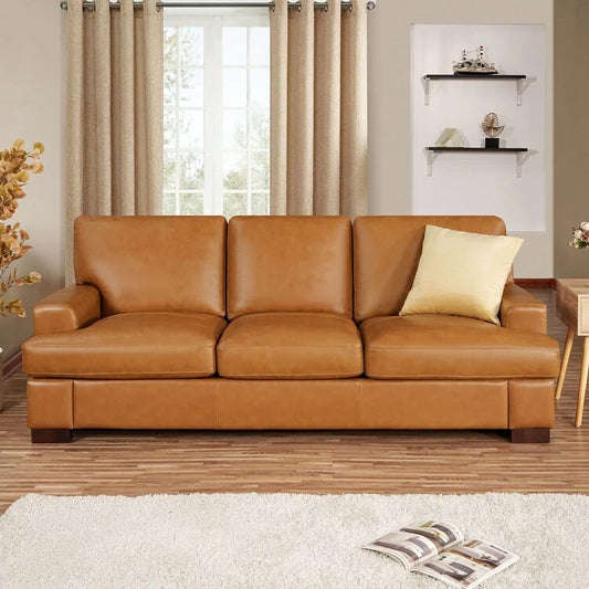 Genuine Mid-Century Leather Sofa with Wooden Base Modern Design Luxury Sofa for Living Room Reception